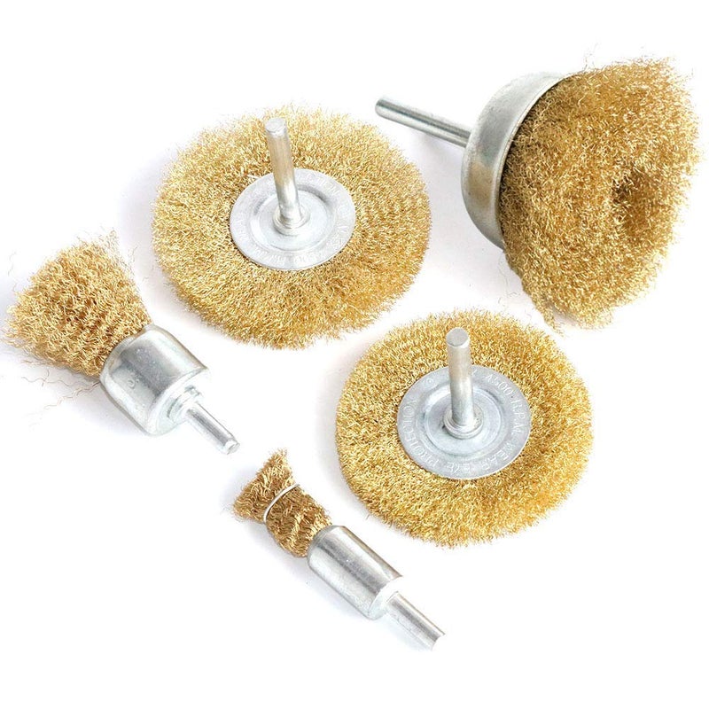 FPPO 5pcs Brass Wire Wheel Brush Kit for Drill,Crimped Cup Brush with 1/4-Inch Shank ,0.13mm True Brass Wire,Soft Enough to Cleaning or Deburring with Less Scrach - Image 1